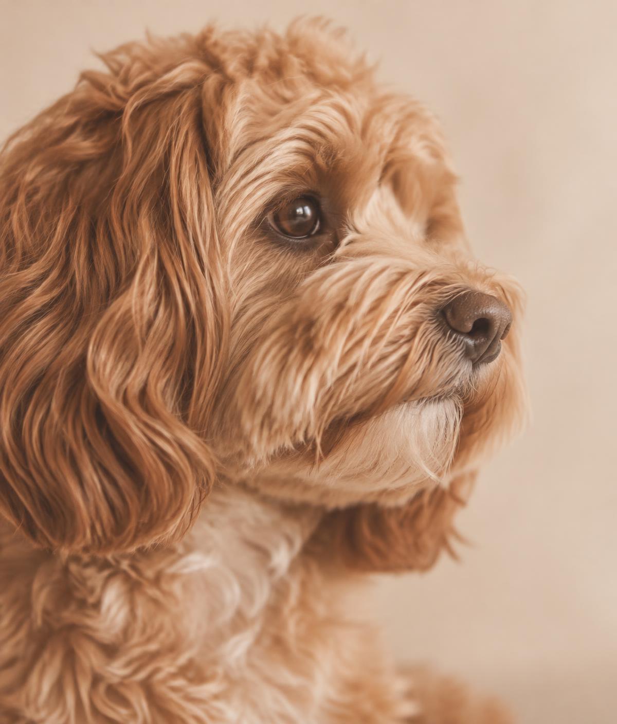 A close portrait of an apricot cavoodle in soft studio light