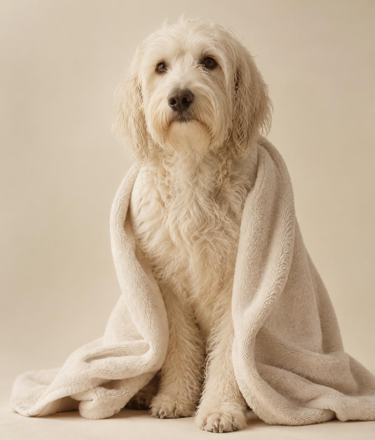 A freshly bathed white dog wrapped in a soft cream towel against a cream studio backdrop