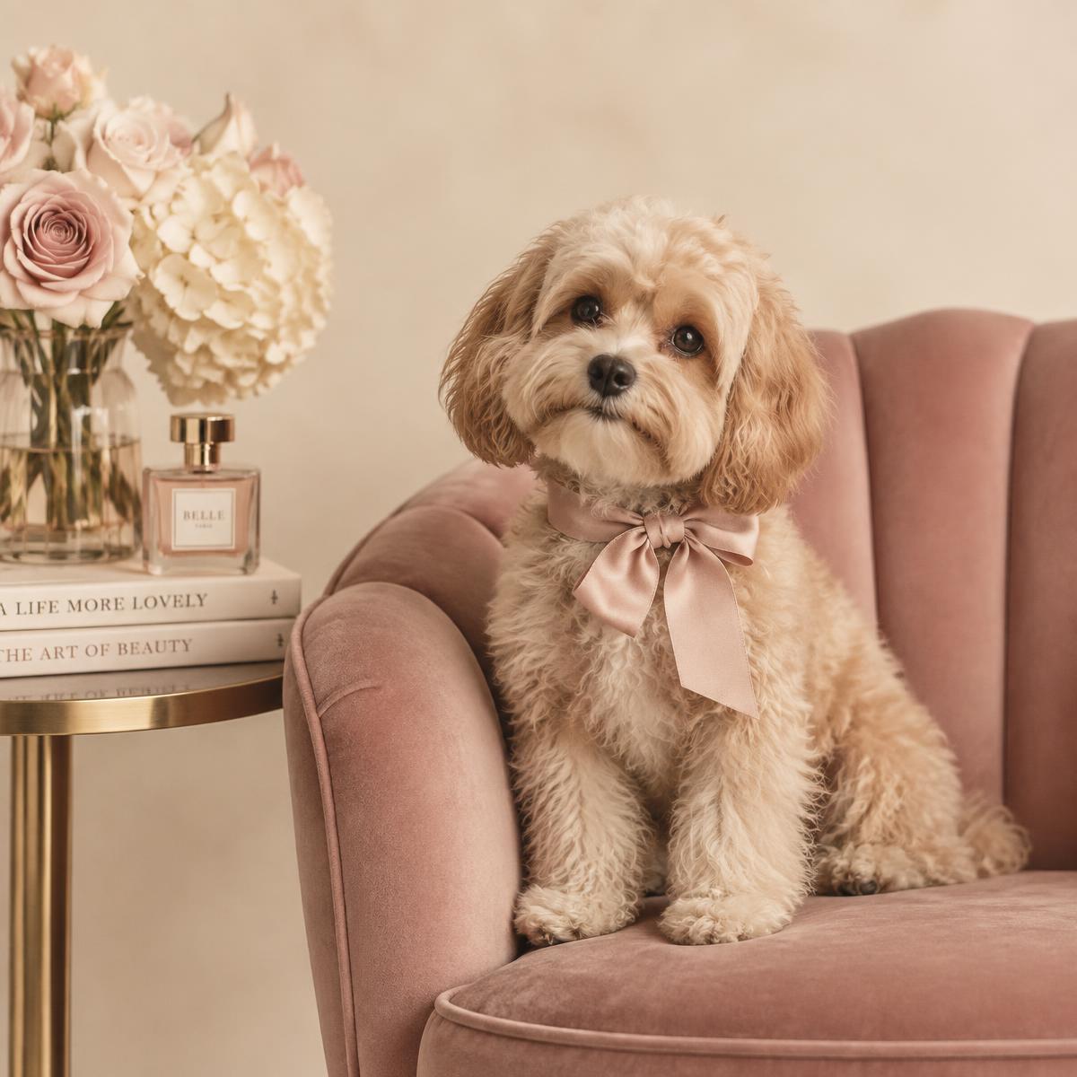 A small cream dog sitting on a blush velvet chair in soft studio light