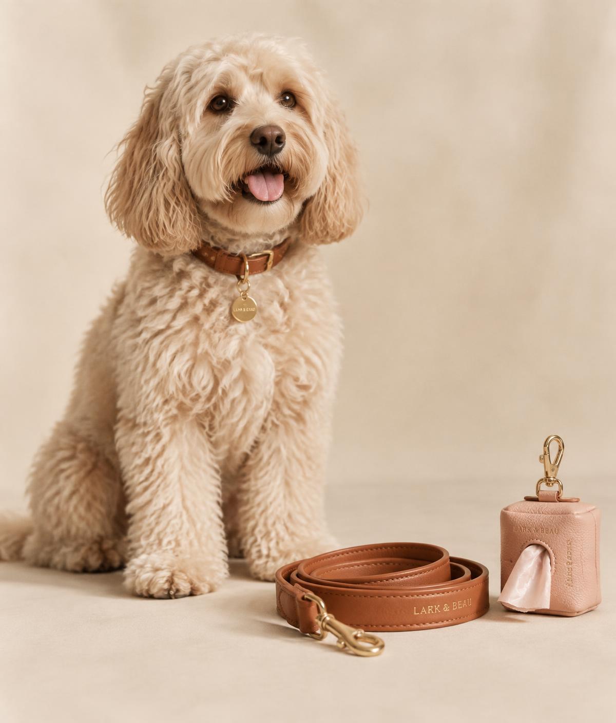 A cream dog sitting beside a cognac leather lead and blush waste bag holder on a cream studio backdrop