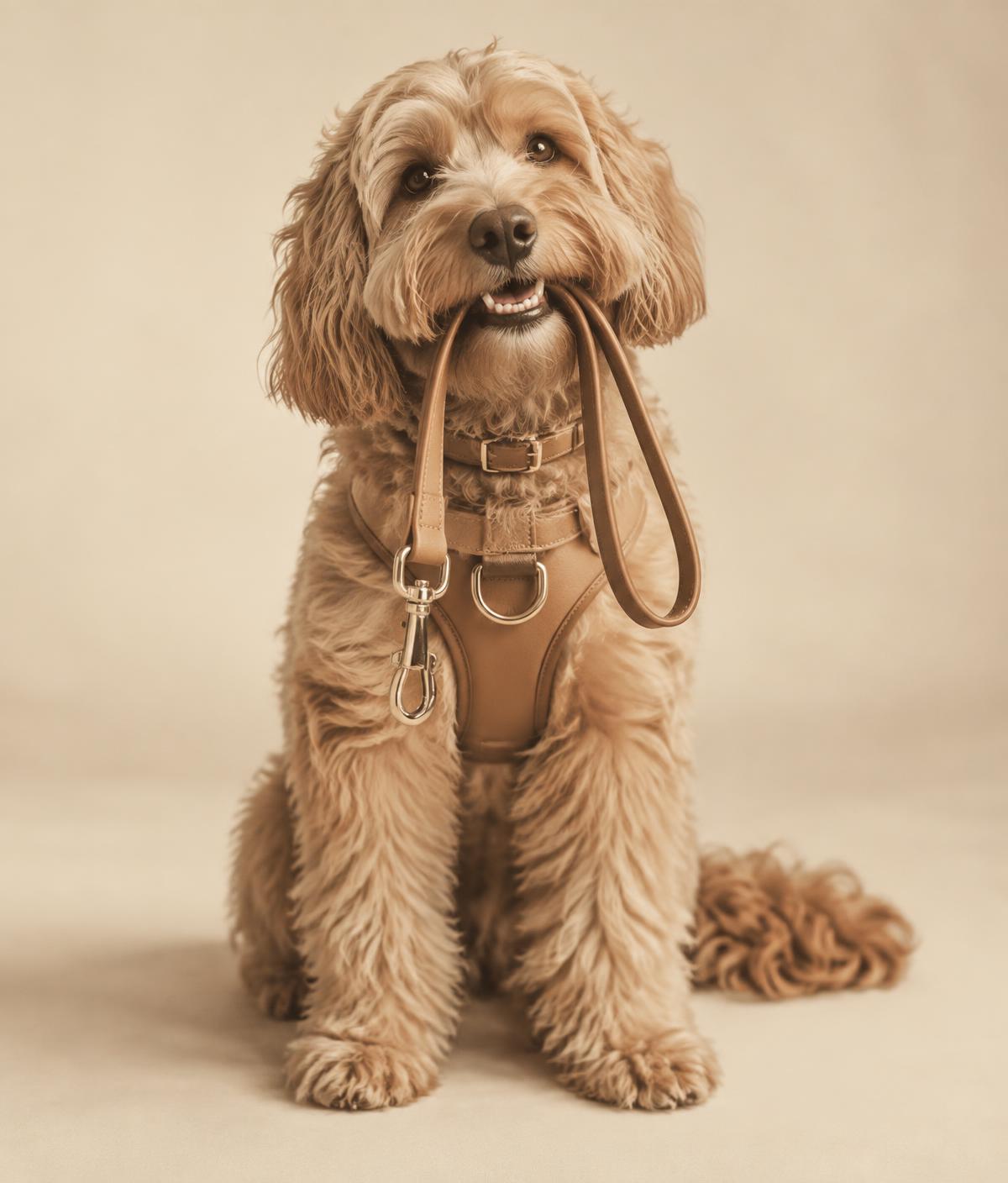 A fluffy dog in a tan leather harness holding its lead, ready for a walk